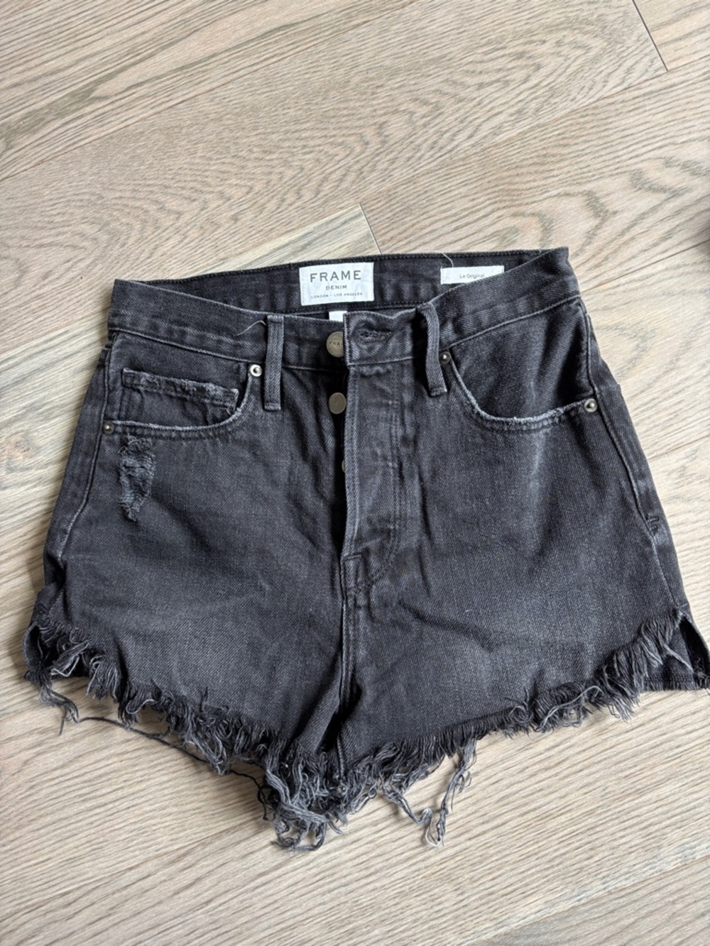 Frame Denim Le High Black Distressed Denim Shorts | 25
